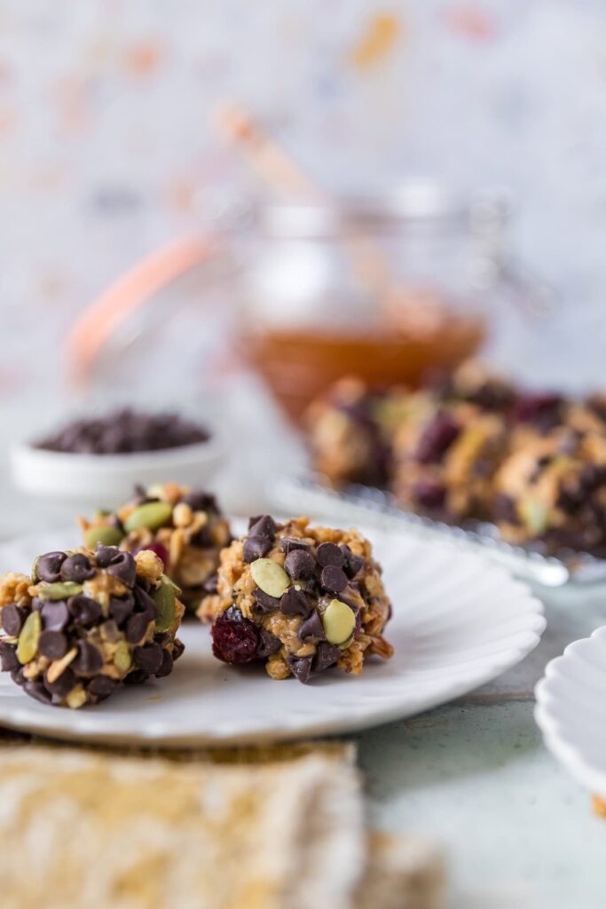 Close-up of peanut butter energy balls made with granola, chocolate chips, pepitas, and dried cranberries, served on a white plate. A jar of honey and extra ingredients are blurred in the background.