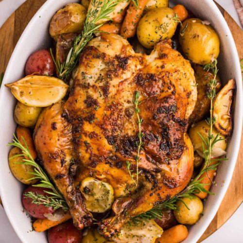 Golden herb roasted chicken surrounded by baby potatoes, carrots, and lemon wedges in a white baking dish, garnished with fresh rosemary and thyme.