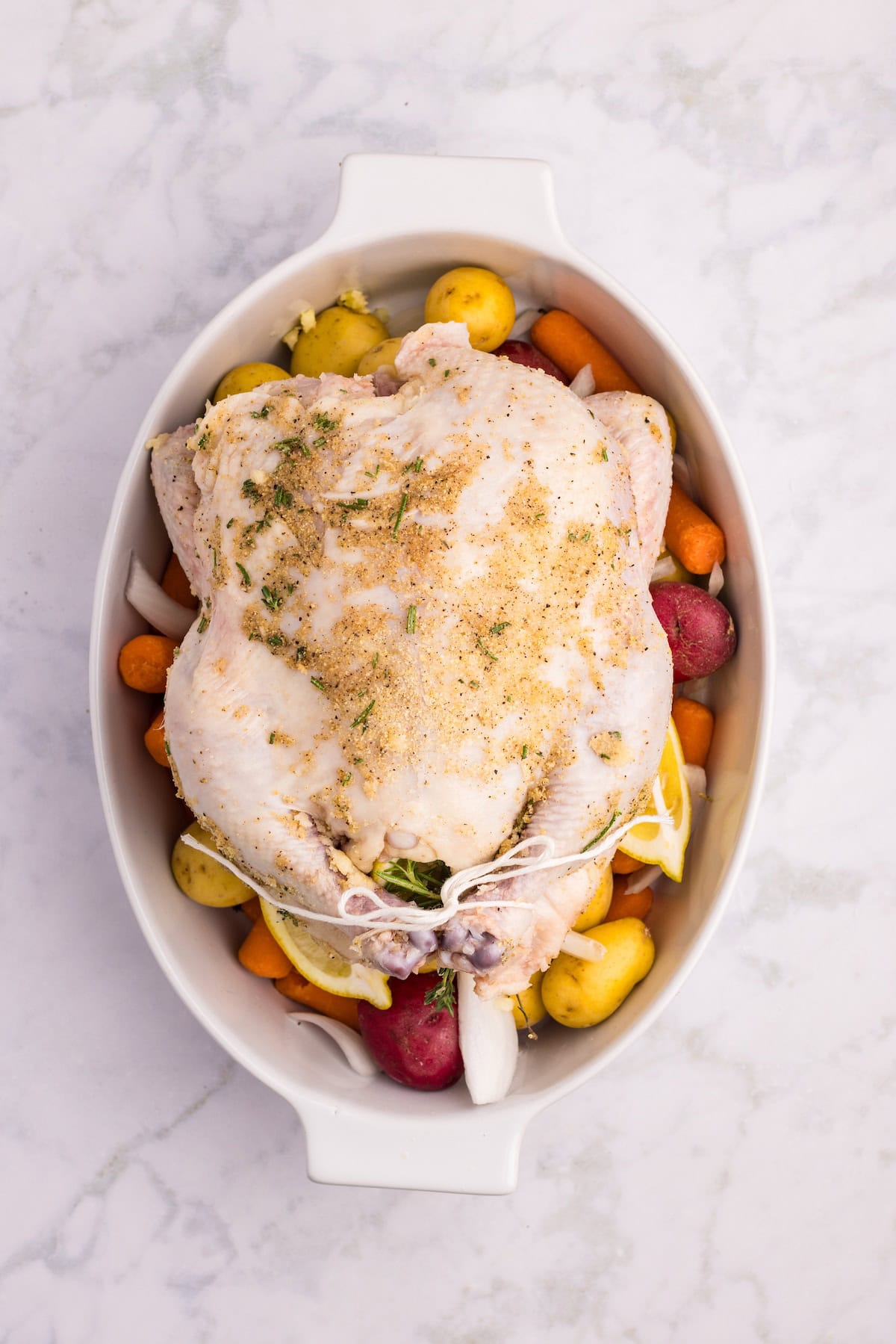 Whole raw chicken seasoned with herbs and tied with kitchen twine, placed over baby potatoes, carrots, onions, and lemon wedges in a white baking dish ready to roast in the oven.