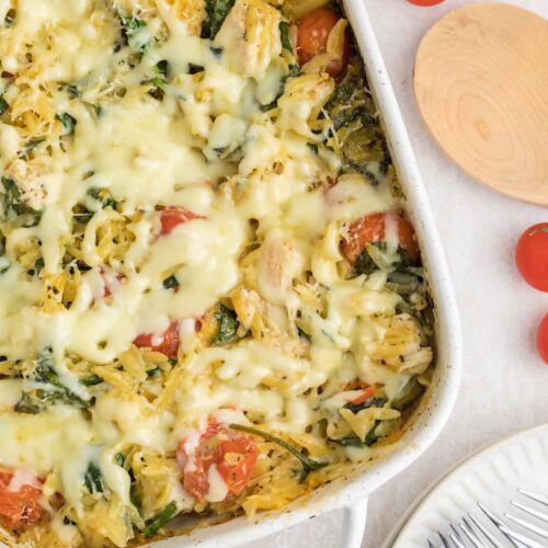 A serving of creamy chicken orzo pasta on a white plate with melted cheese and tomatoes.