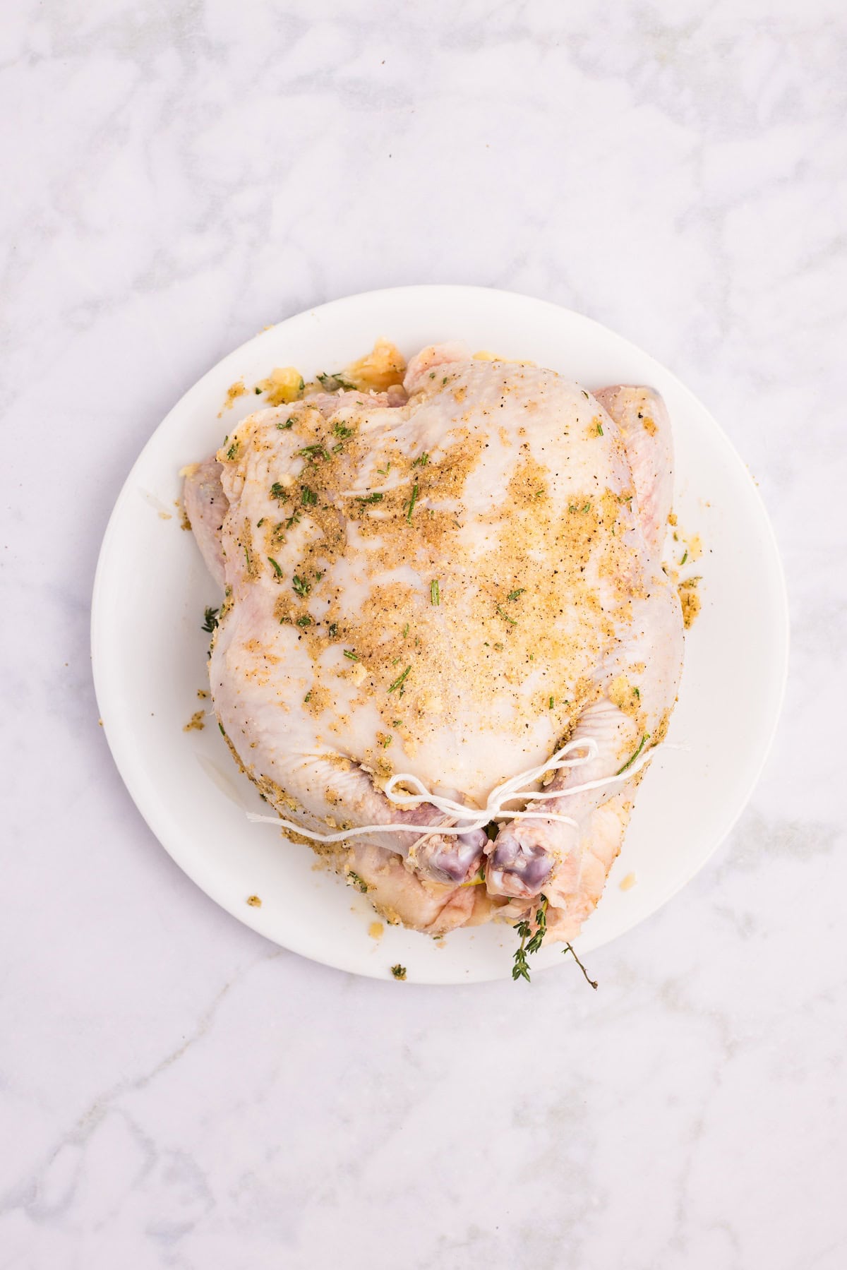 Whole raw chicken on a white plate rubbed with herb butter and seasoning blend, ready to roast with lemon, vegetables, and fresh herbs.