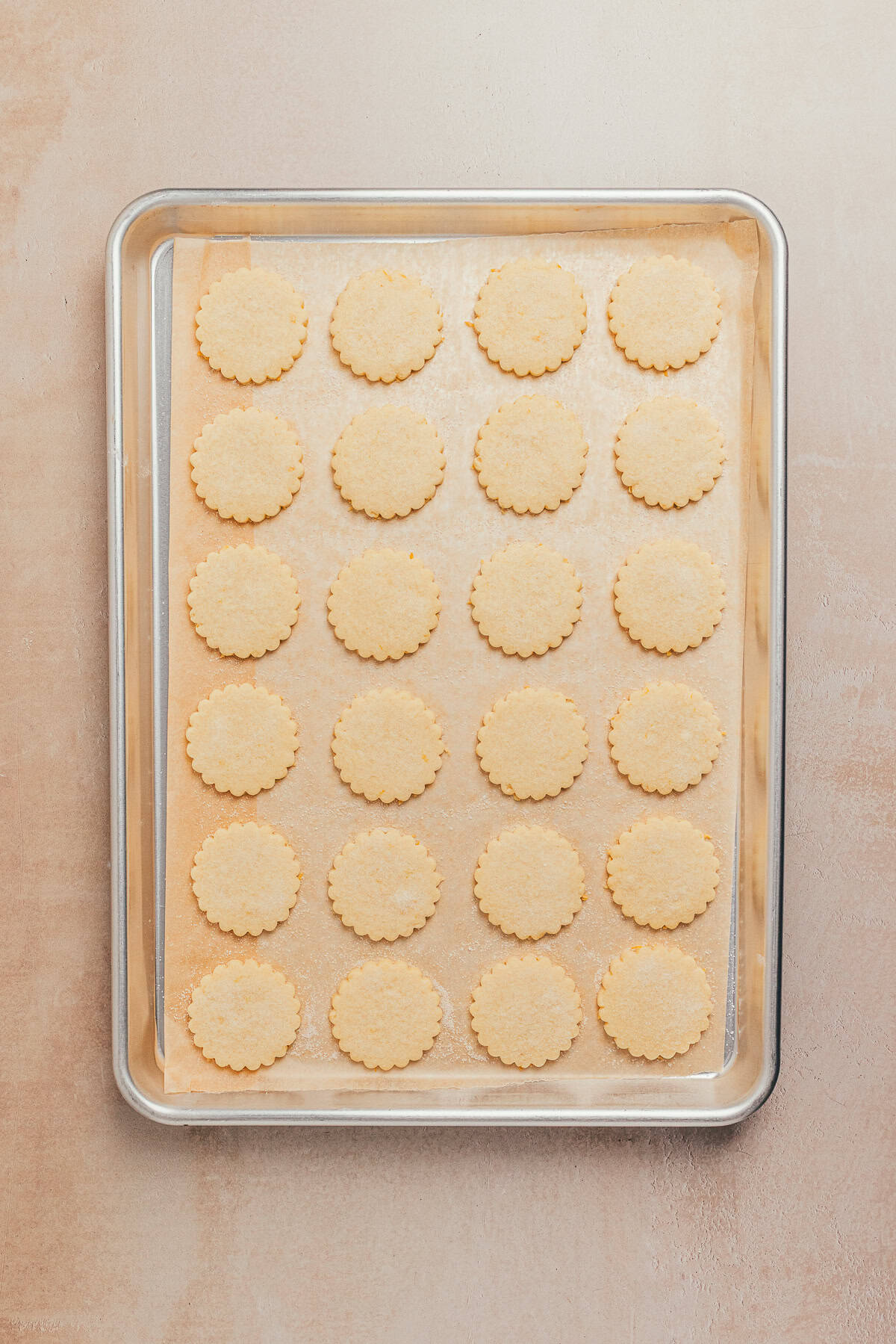 Round lemon cookie dough cut into scalloped shapes and arranged on a baking sheet before baking.